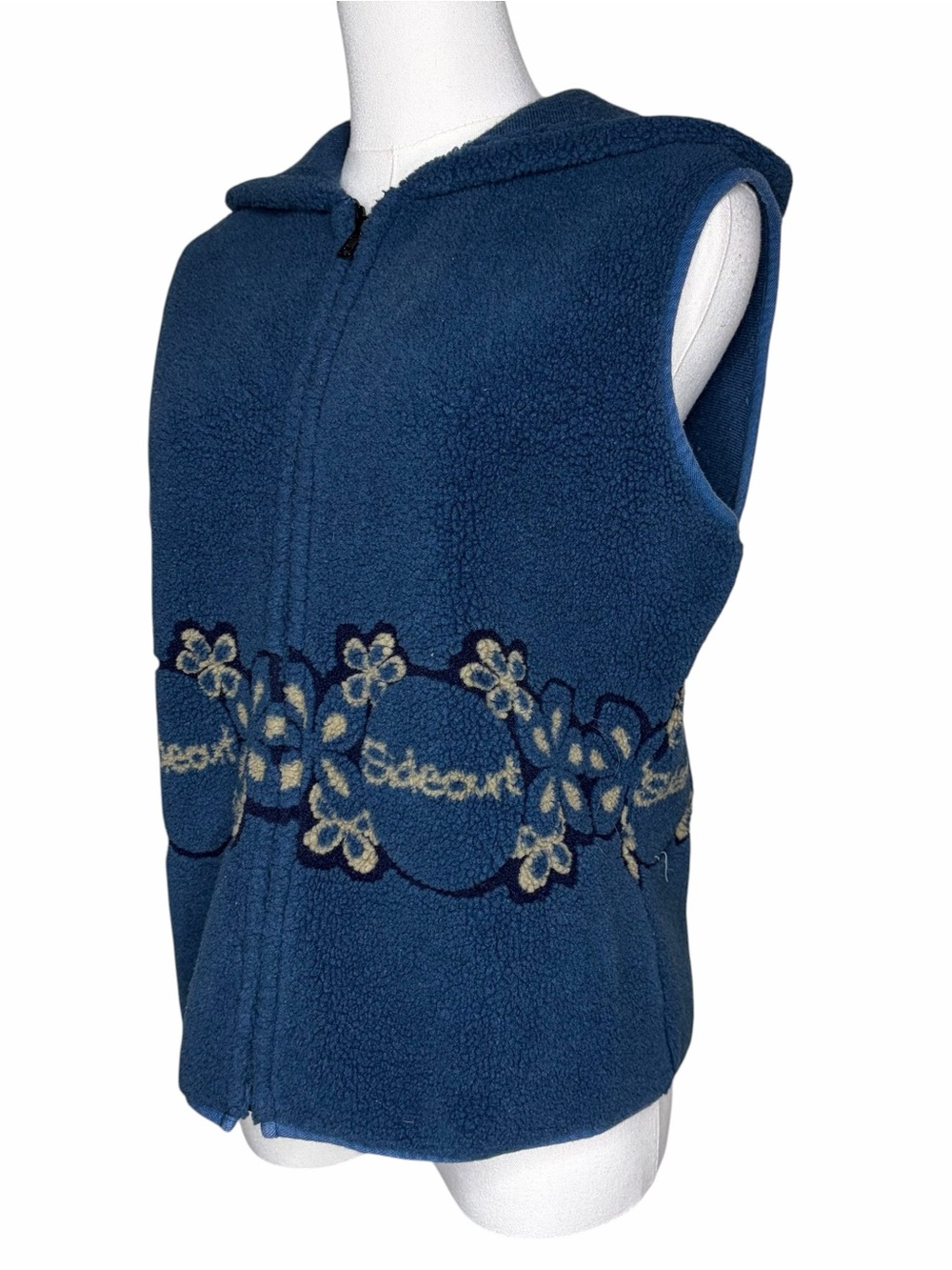 Vintage 90s Blue Floral Fleece Full Zip Vest Hoodie Size L